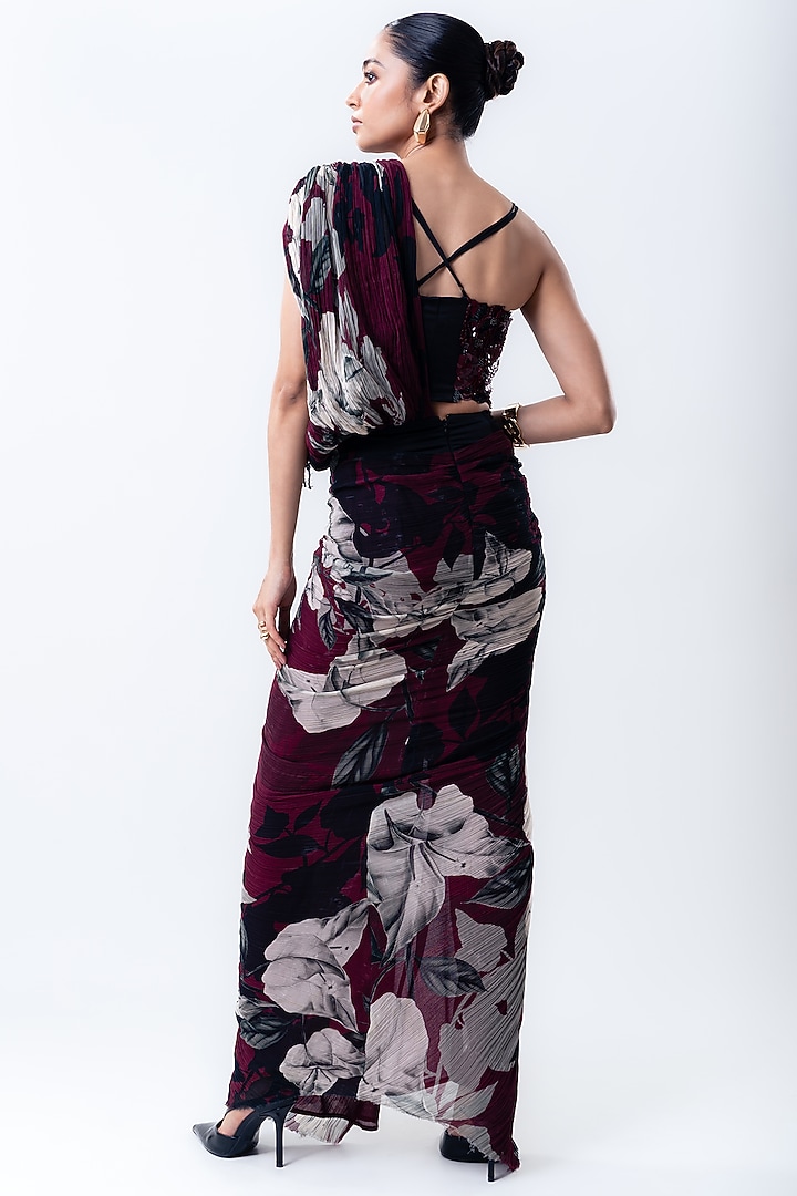 Burgundy Crepe & Chiffon Printed Pre-Draped Reception Saree Set by Nupur Kanoi at Pernia's Pop Up Shop