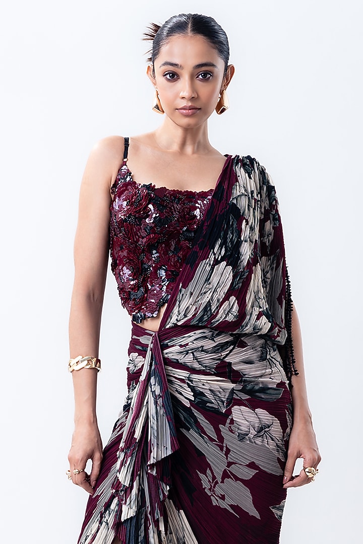 Burgundy Crepe & Chiffon Printed Pre-Draped Reception Saree Set by Nupur Kanoi at Pernia's Pop Up Shop