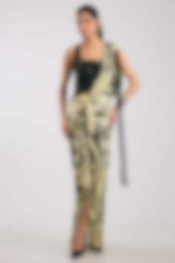 Ivory Chiffon Digital Printed Pre-Draped Reception Saree Set by Nupur Kanoi at Pernia's Pop Up Shop