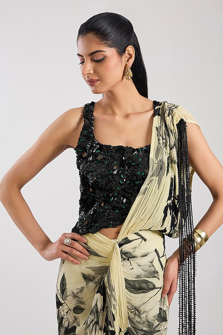Ivory Chiffon Digital Printed Pre-Draped Reception Saree Set by Nupur Kanoi at Pernia's Pop Up Shop