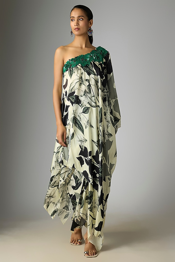 Off-White Satin Printed One-Shoulder Cape Set by Nupur Kanoi at Pernia's Pop Up Shop