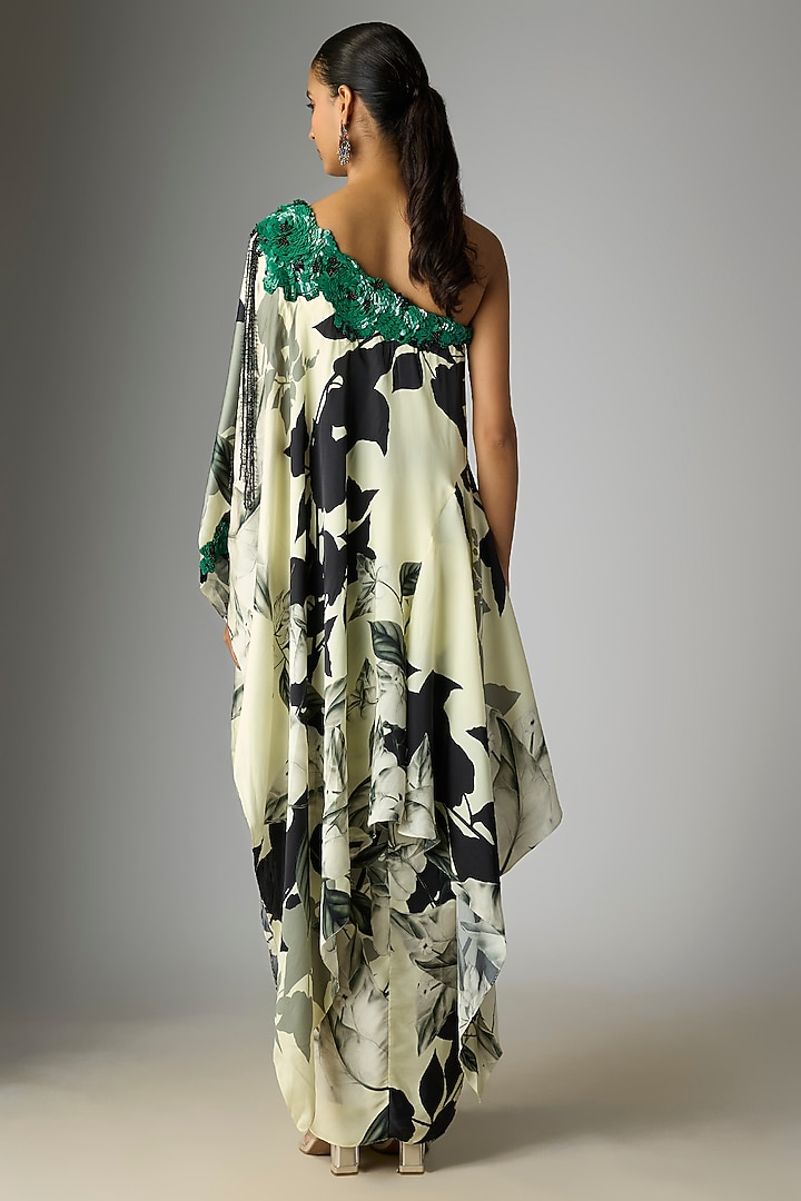 Off-White Satin Printed One-Shoulder Cape Set by Nupur Kanoi at Pernia's Pop Up Shop