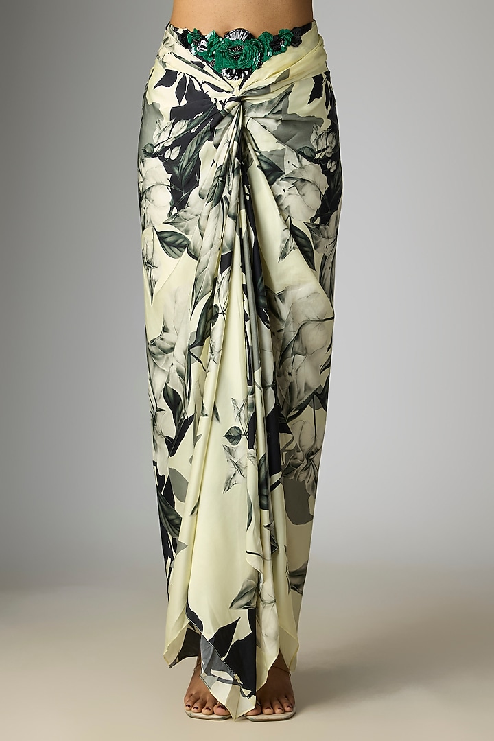 Off-White Satin Printed One-Shoulder Cape Set by Nupur Kanoi at Pernia's Pop Up Shop