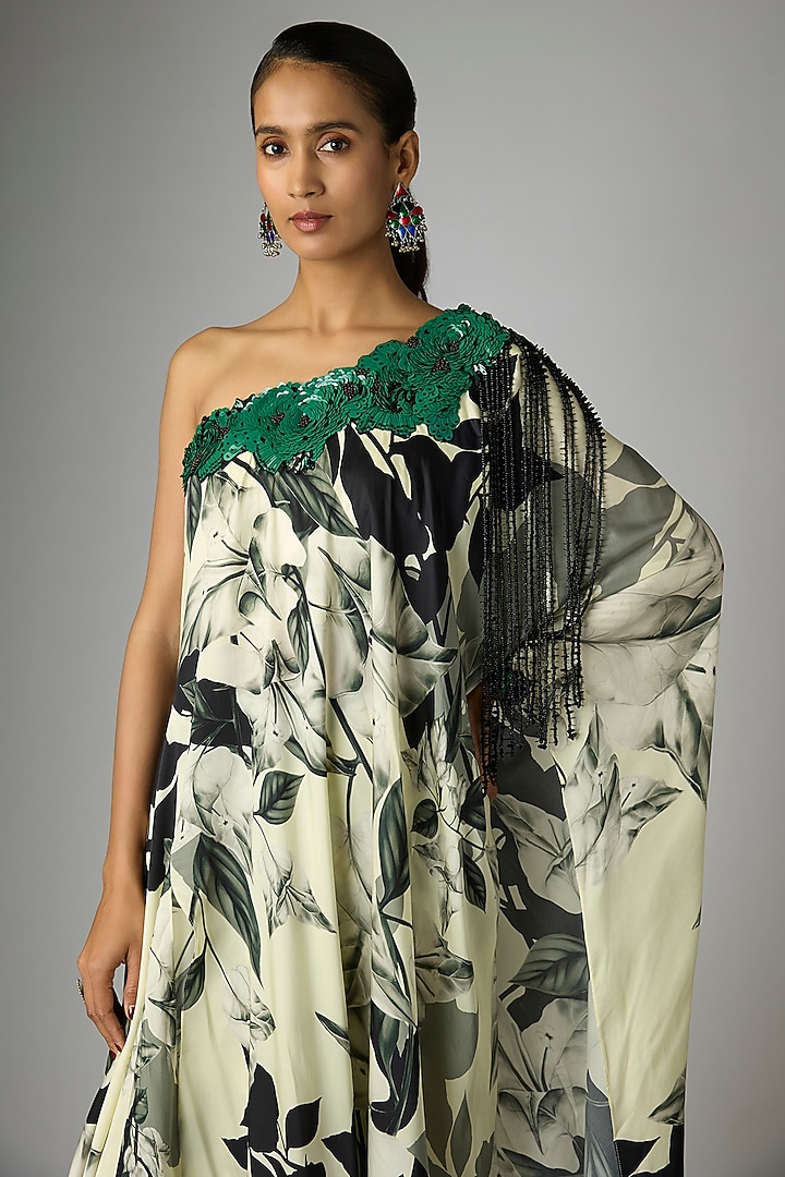 Off-White Satin Printed One-Shoulder Cape Set by Nupur Kanoi at Pernia's Pop Up Shop