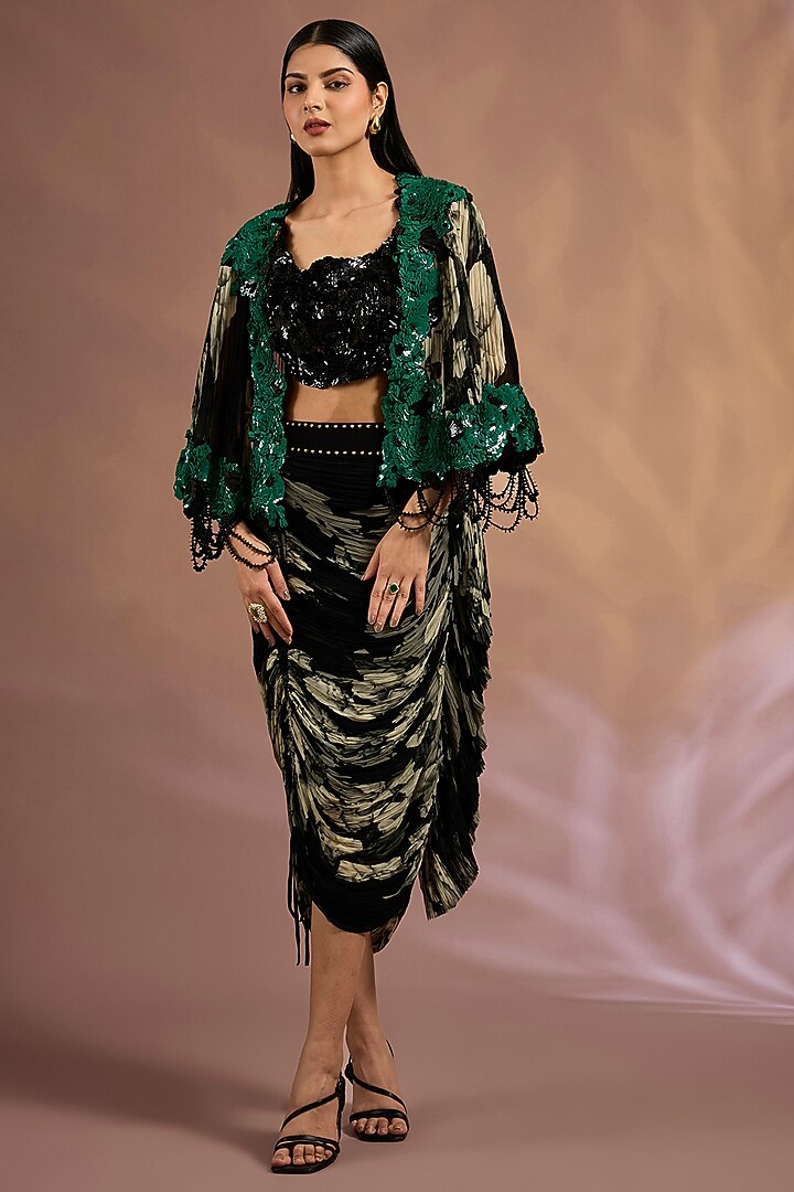 Black Chiffon Printed Cape Set by Nupur Kanoi at Pernia's Pop Up Shop