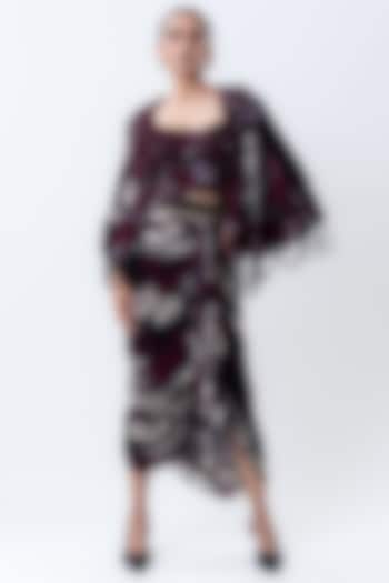 Burgundy Chiffon & Lycra Printed Cape Set by Nupur Kanoi at Pernia's Pop Up Shop