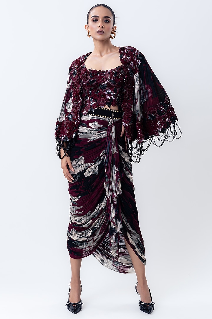 Burgundy Chiffon & Lycra Printed Cape Set by Nupur Kanoi at Pernia's Pop Up Shop
