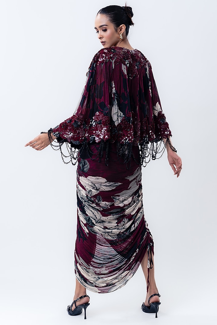 Burgundy Chiffon & Lycra Printed Cape Set by Nupur Kanoi at Pernia's Pop Up Shop