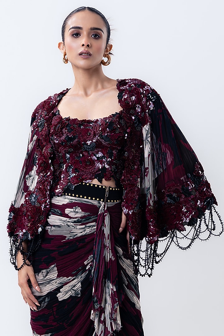 Burgundy Chiffon & Lycra Printed Cape Set by Nupur Kanoi at Pernia's Pop Up Shop