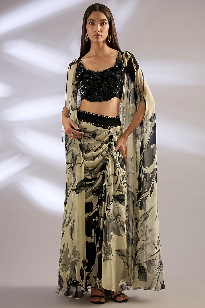 Off-White Chiffon Printed Cape Set by Nupur Kanoi at Pernia's Pop Up Shop