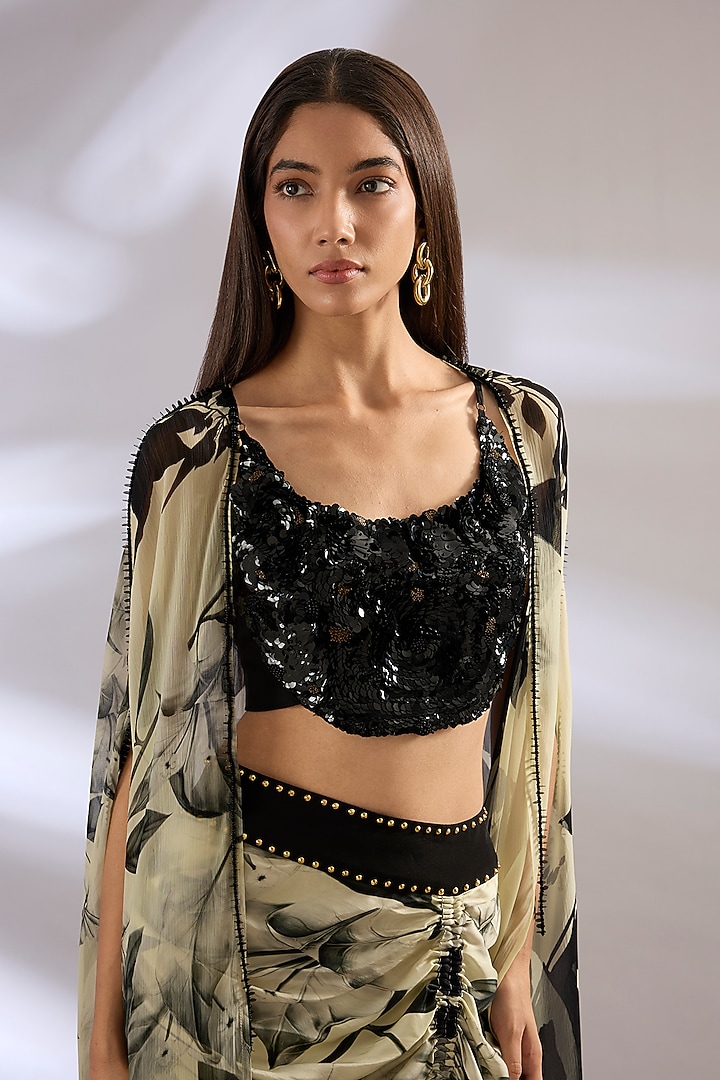 Off-White Chiffon Printed Cape Set by Nupur Kanoi at Pernia's Pop Up Shop