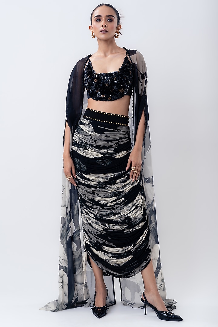 Black Chiffon & Lycra Printed Cape Set by Nupur Kanoi at Pernia's Pop Up Shop
