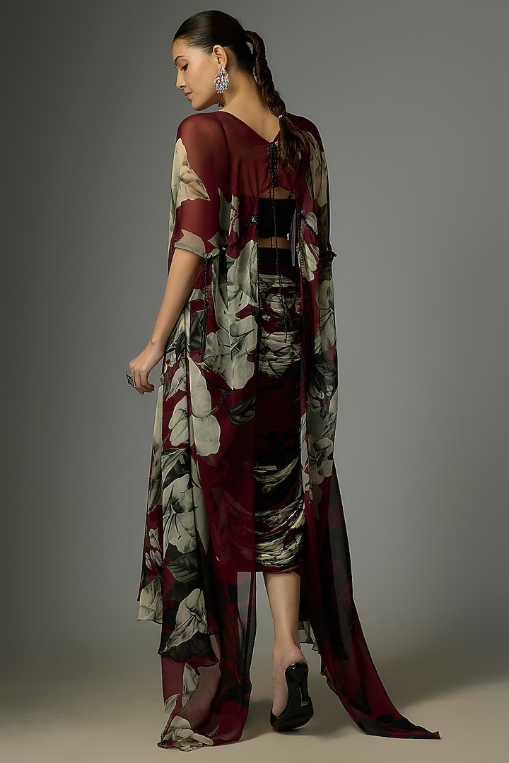 Burgundy Chiffon & Lycra Printed Cape Set by Nupur Kanoi at Pernia's Pop Up Shop