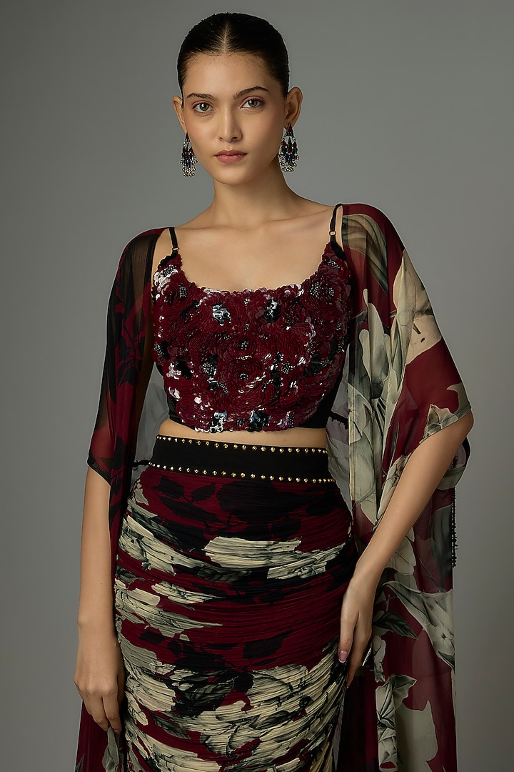 Burgundy Chiffon & Lycra Printed Cape Set by Nupur Kanoi at Pernia's Pop Up Shop