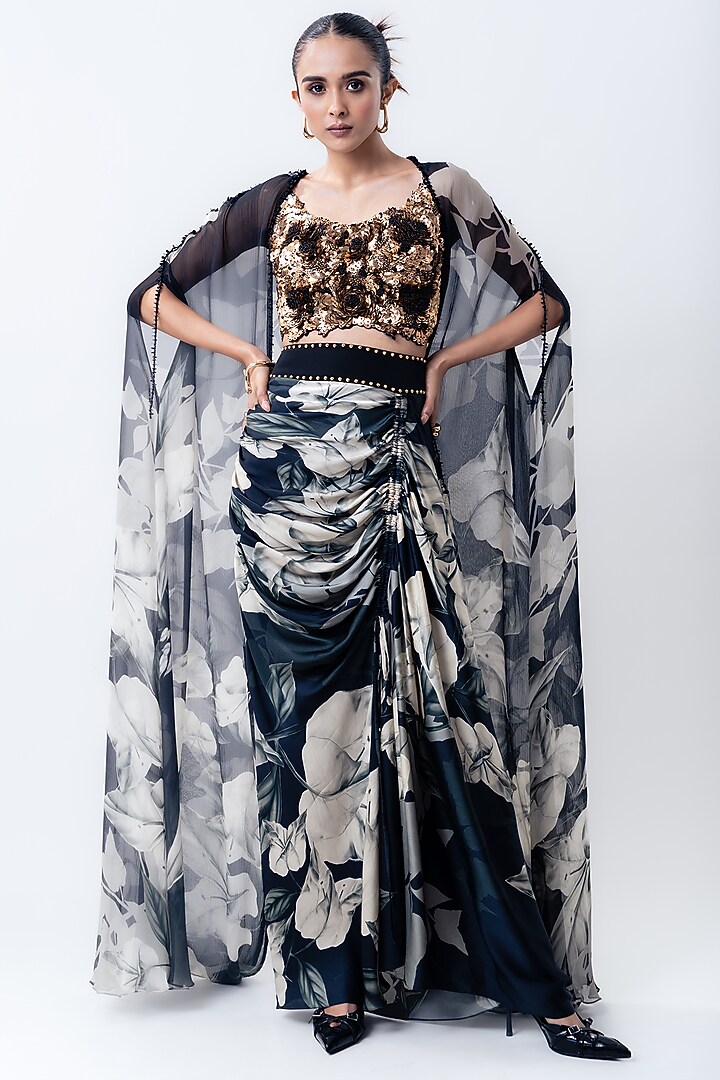 Black Chiffon & Crepe Printed Cape Set by Nupur Kanoi at Pernia's Pop Up Shop