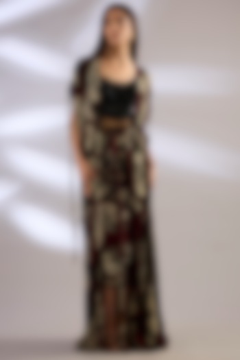 Burgundy Chiffon Printed Gathered Jacket Set by Nupur Kanoi at Pernia's Pop Up Shop