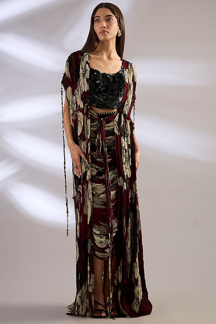 Burgundy Chiffon Printed Gathered Jacket Set by Nupur Kanoi at Pernia's Pop Up Shop