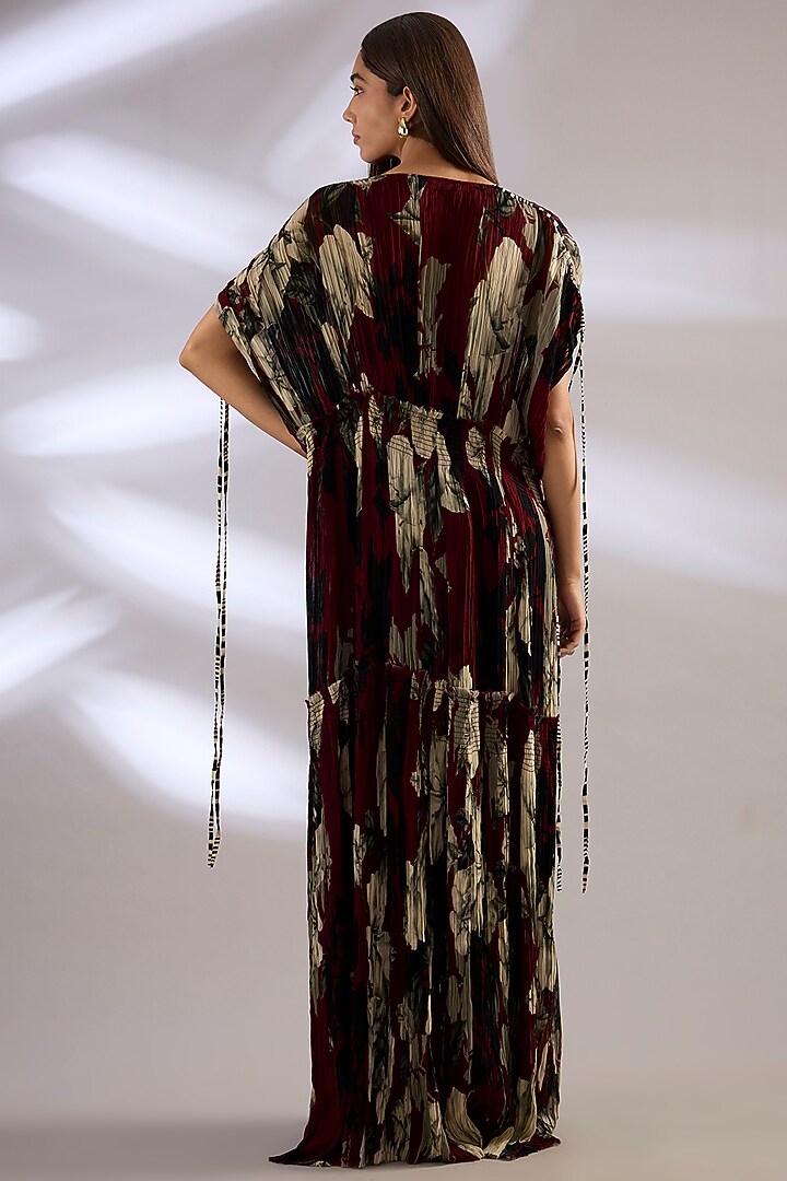 Burgundy Chiffon Printed Gathered Jacket Set by Nupur Kanoi at Pernia's Pop Up Shop
