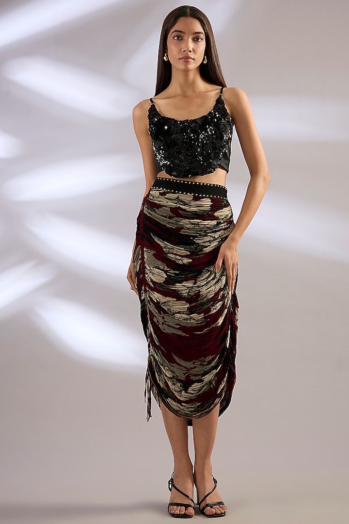 Burgundy Chiffon Printed Gathered Jacket Set by Nupur Kanoi at Pernia's Pop Up Shop