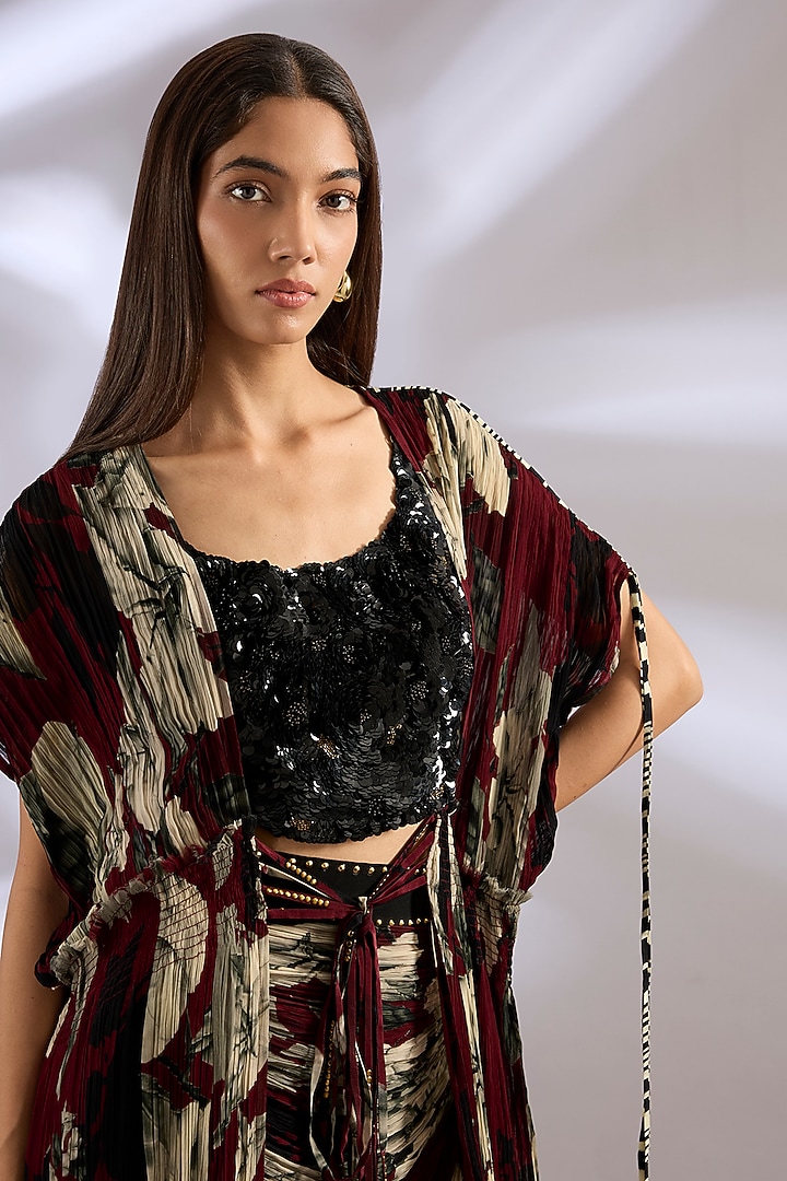 Burgundy Chiffon Printed Gathered Jacket Set by Nupur Kanoi at Pernia's Pop Up Shop