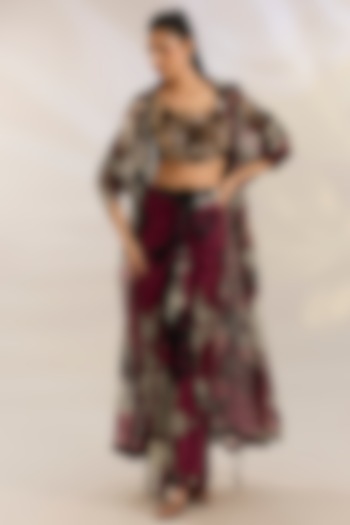 Burgundy Organza Digital Printed Cape Set by Nupur Kanoi at Pernia's Pop Up Shop