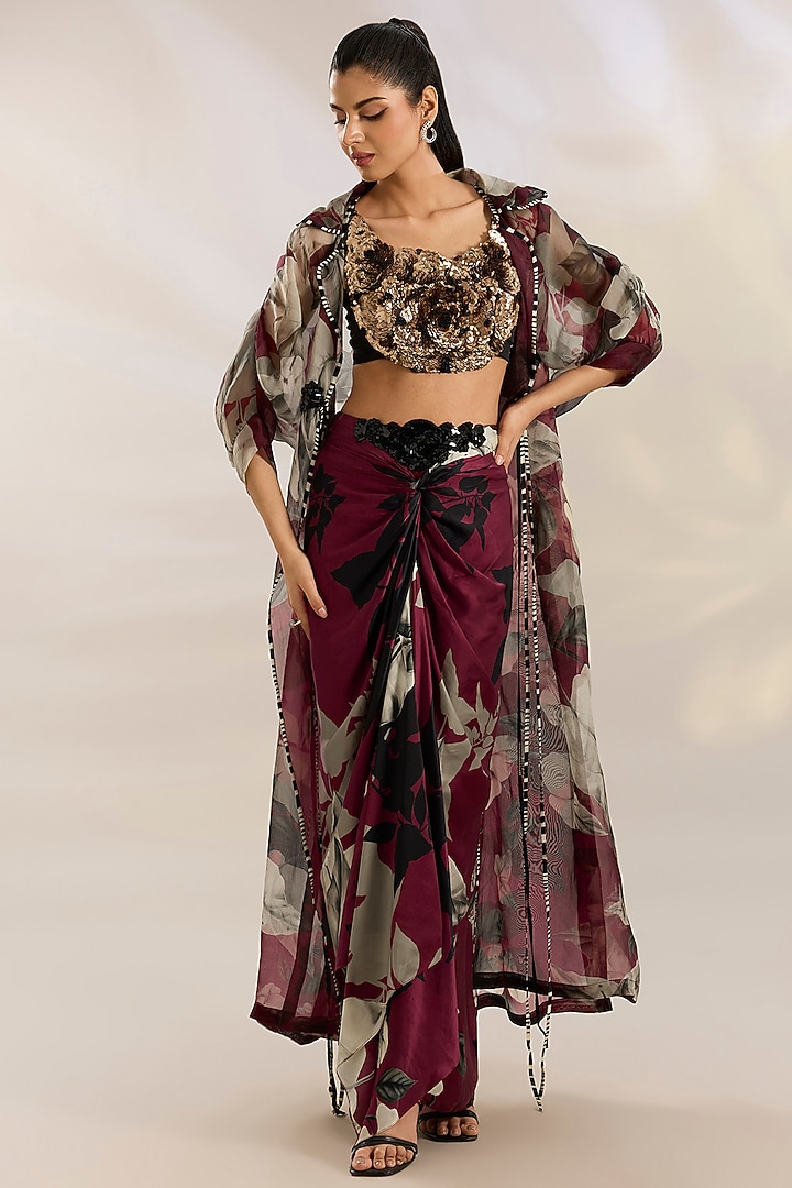Burgundy Organza Digital Printed Cape Set by Nupur Kanoi at Pernia's Pop Up Shop