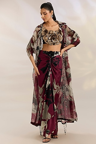 Burgundy Organza Digital Printed Cape Set by Nupur Kanoi