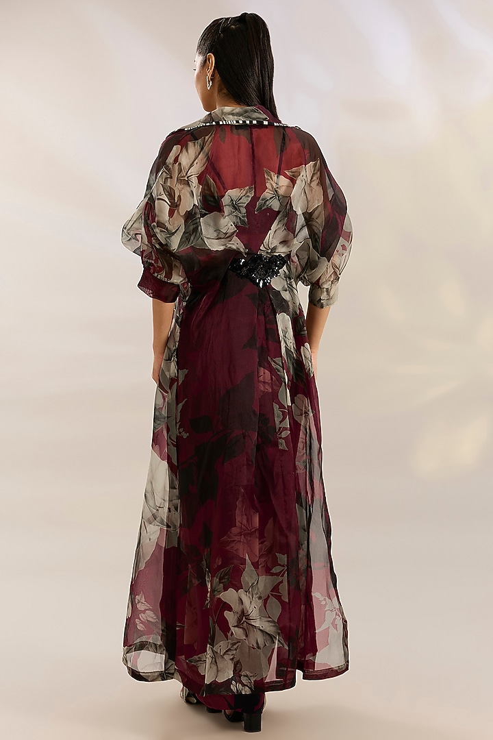 Burgundy Organza Digital Printed Cape Set by Nupur Kanoi at Pernia's Pop Up Shop