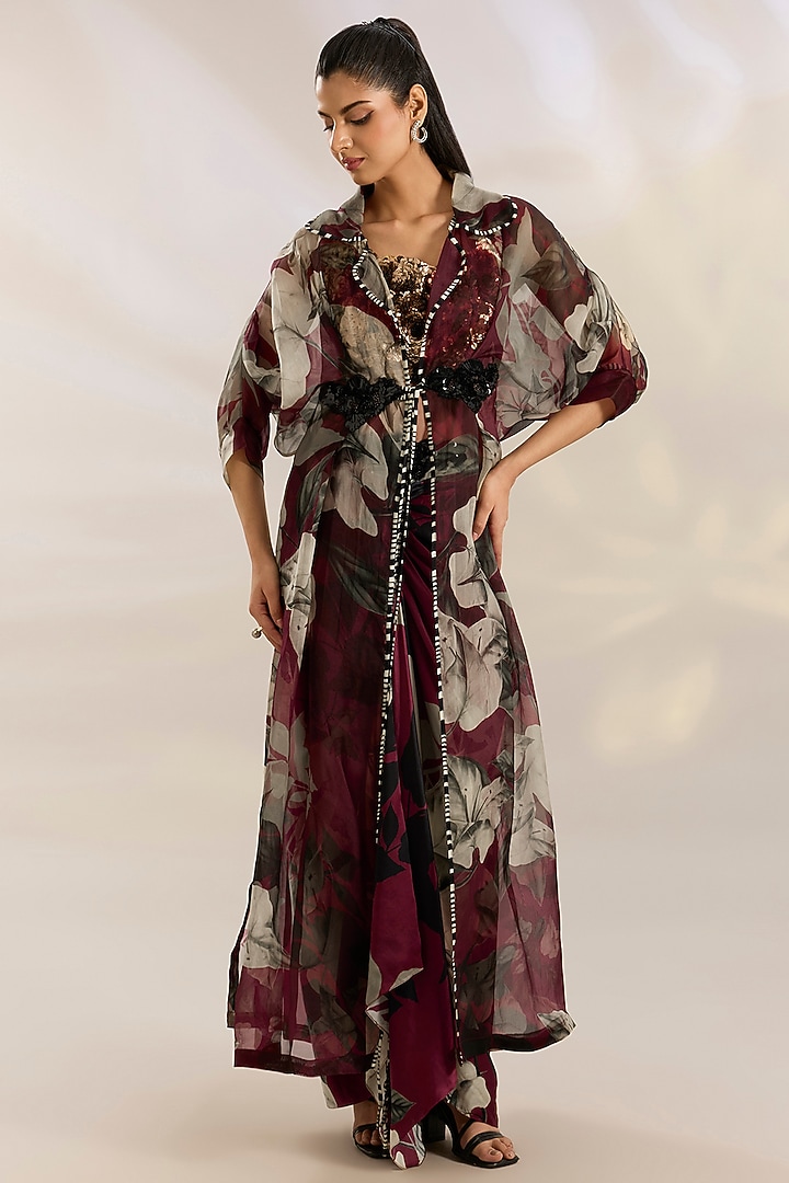 Burgundy Organza Digital Printed Cape Set by Nupur Kanoi at Pernia's Pop Up Shop