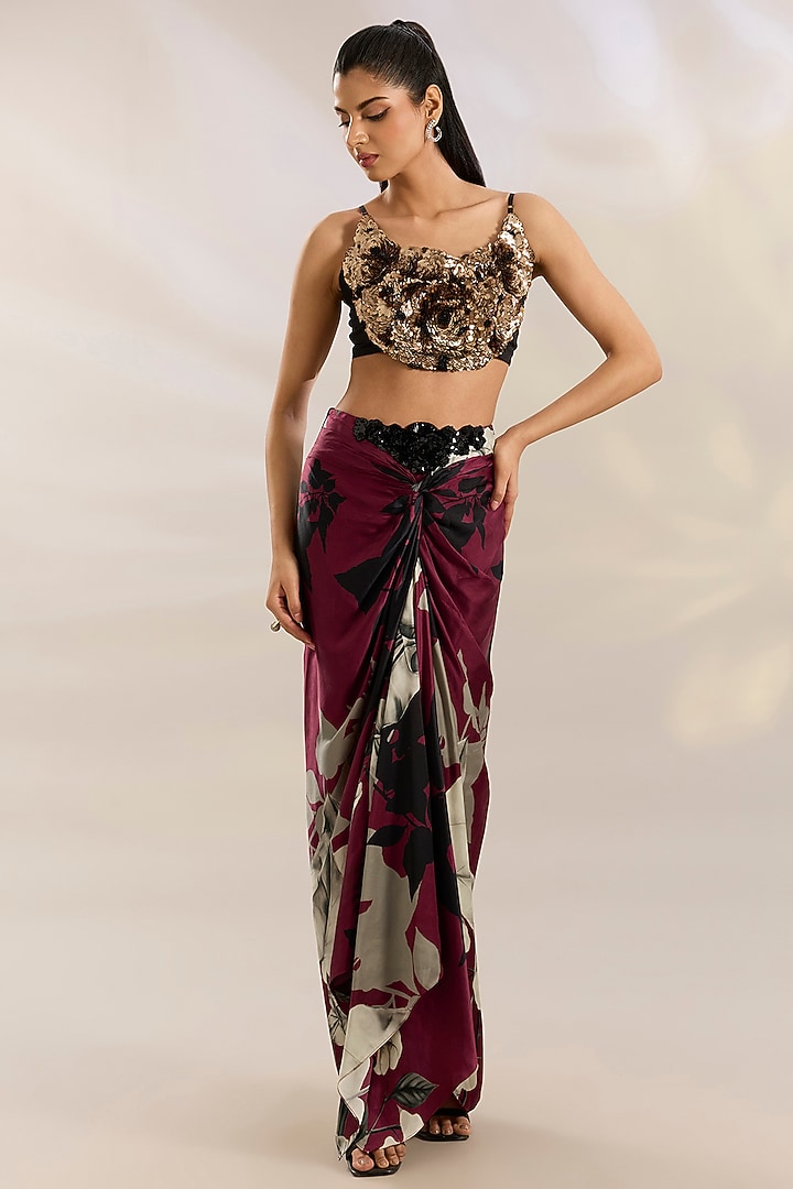 Burgundy Organza Digital Printed Cape Set by Nupur Kanoi at Pernia's Pop Up Shop