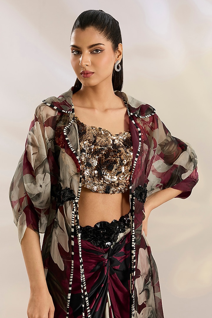 Burgundy Organza Digital Printed Cape Set by Nupur Kanoi at Pernia's Pop Up Shop