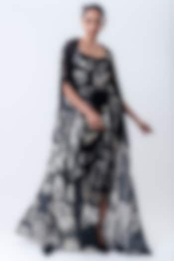 Black Chiffon & Crepe Printed Jacket Party Wear Dress by Nupur Kanoi at Pernia's Pop Up Shop