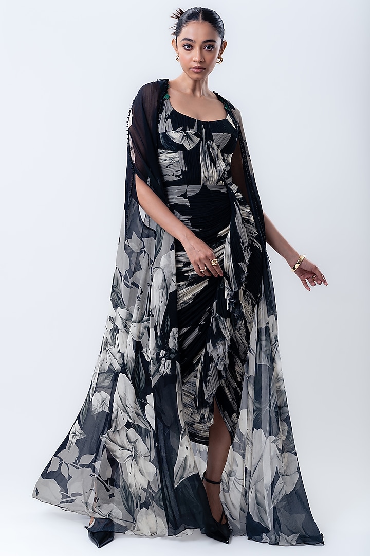 Black Chiffon & Crepe Printed Jacket Party Wear Dress by Nupur Kanoi at Pernia's Pop Up Shop