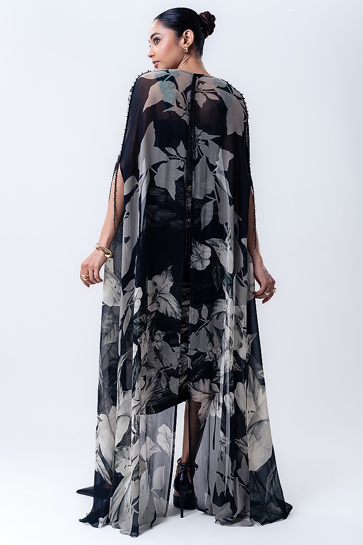 Black Chiffon & Crepe Printed Jacket Party Wear Dress by Nupur Kanoi at Pernia's Pop Up Shop