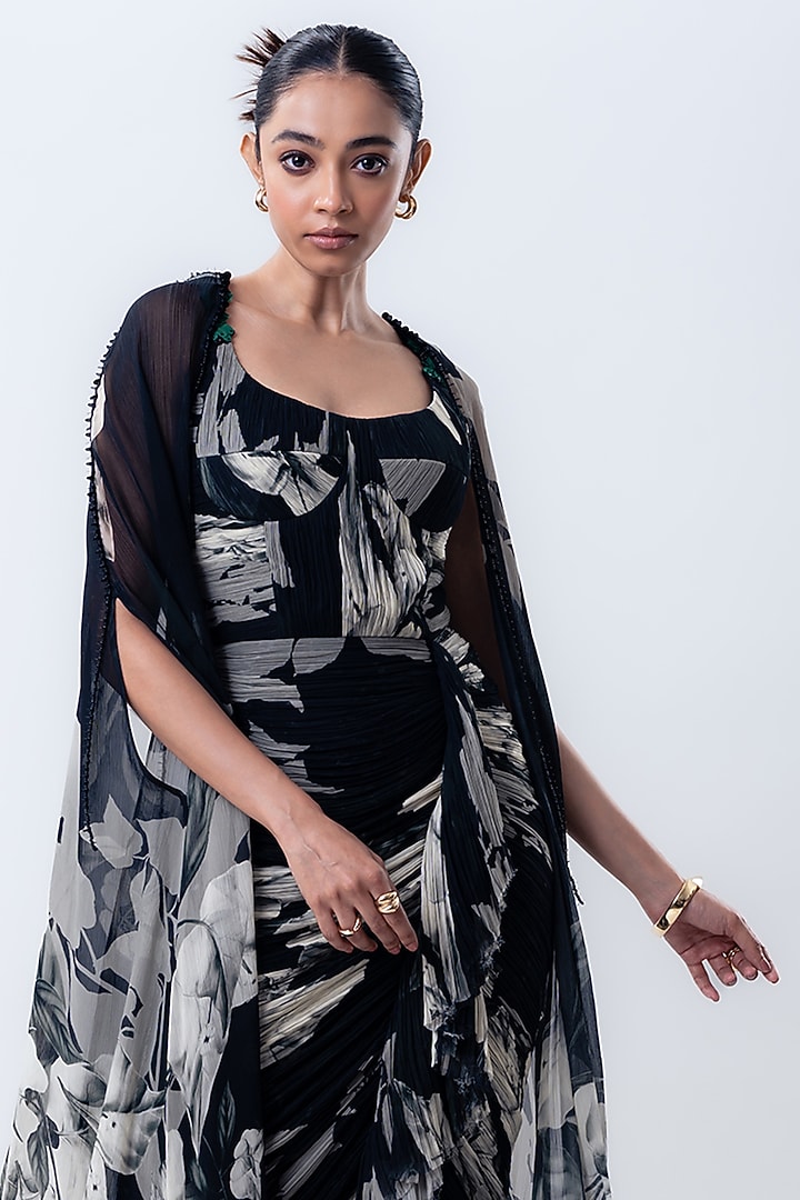 Black Chiffon & Crepe Printed Jacket Party Wear Dress by Nupur Kanoi at Pernia's Pop Up Shop