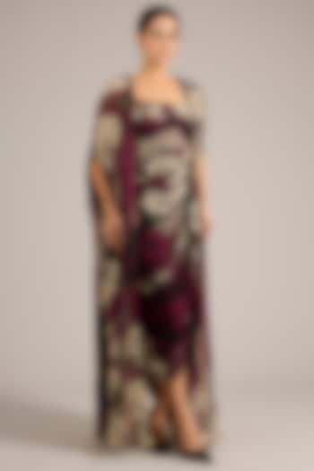 Burgundy Chiffon Printed Gathered Frilled Jacket Party Wear Dress by Nupur Kanoi at Pernia's Pop Up Shop