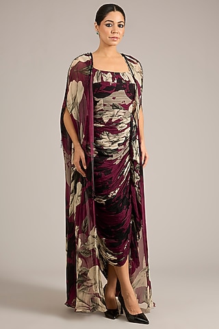 Burgundy Chiffon Printed Gathered Frilled Jacket Dress by Nupur Kanoi