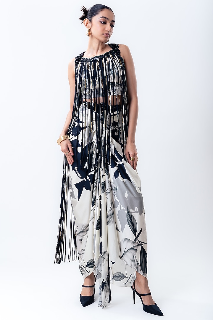 Off-White Crepe & Satin Printed Skirt Set by Nupur Kanoi at Pernia's Pop Up Shop