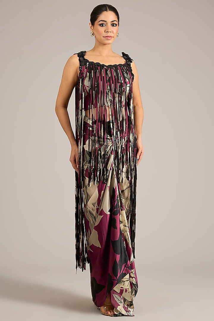 Burgundy Satin Printed Skirt Set by Nupur Kanoi at Pernia's Pop Up Shop