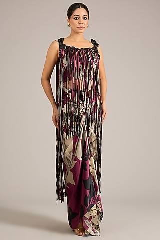 Burgundy Satin Printed Skirt Set by Nupur Kanoi