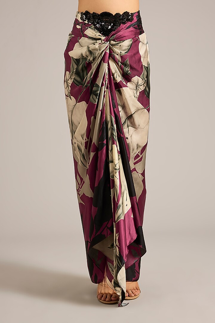Burgundy Satin Printed Skirt Set by Nupur Kanoi at Pernia's Pop Up Shop