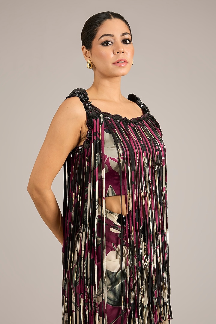 Burgundy Satin Printed Skirt Set by Nupur Kanoi at Pernia's Pop Up Shop