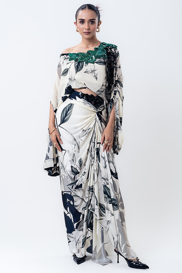Off-White Crepe & Satin Printed Skirt Set by Nupur Kanoi at Pernia's Pop Up Shop