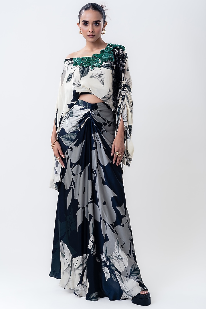 Black Crepe & Satin Printed Skirt Set by Nupur Kanoi at Pernia's Pop Up Shop