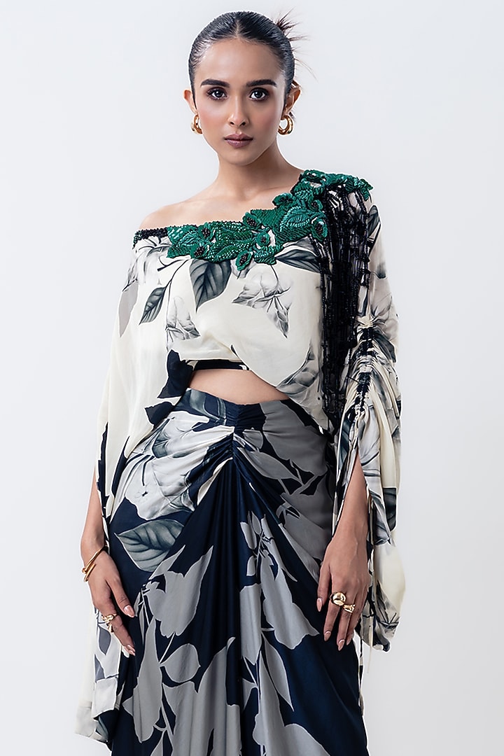 Black Crepe & Satin Printed Skirt Set by Nupur Kanoi at Pernia's Pop Up Shop