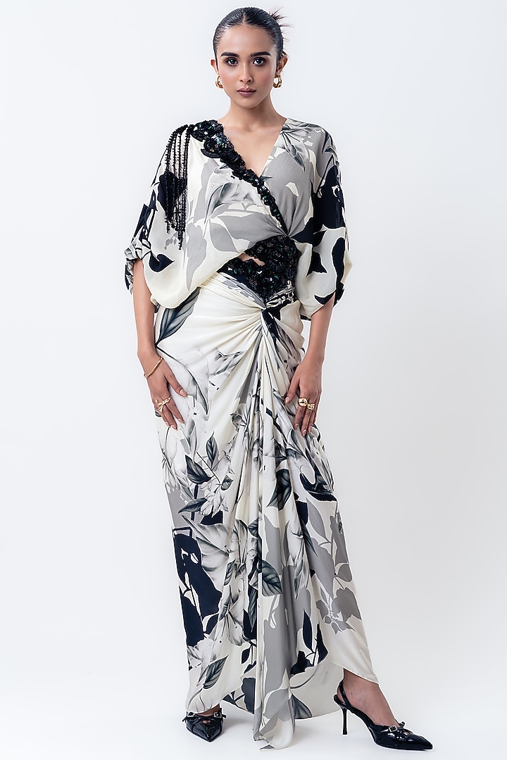 Off-White Crepe & Satin Printed Skirt Set by Nupur Kanoi at Pernia's Pop Up Shop