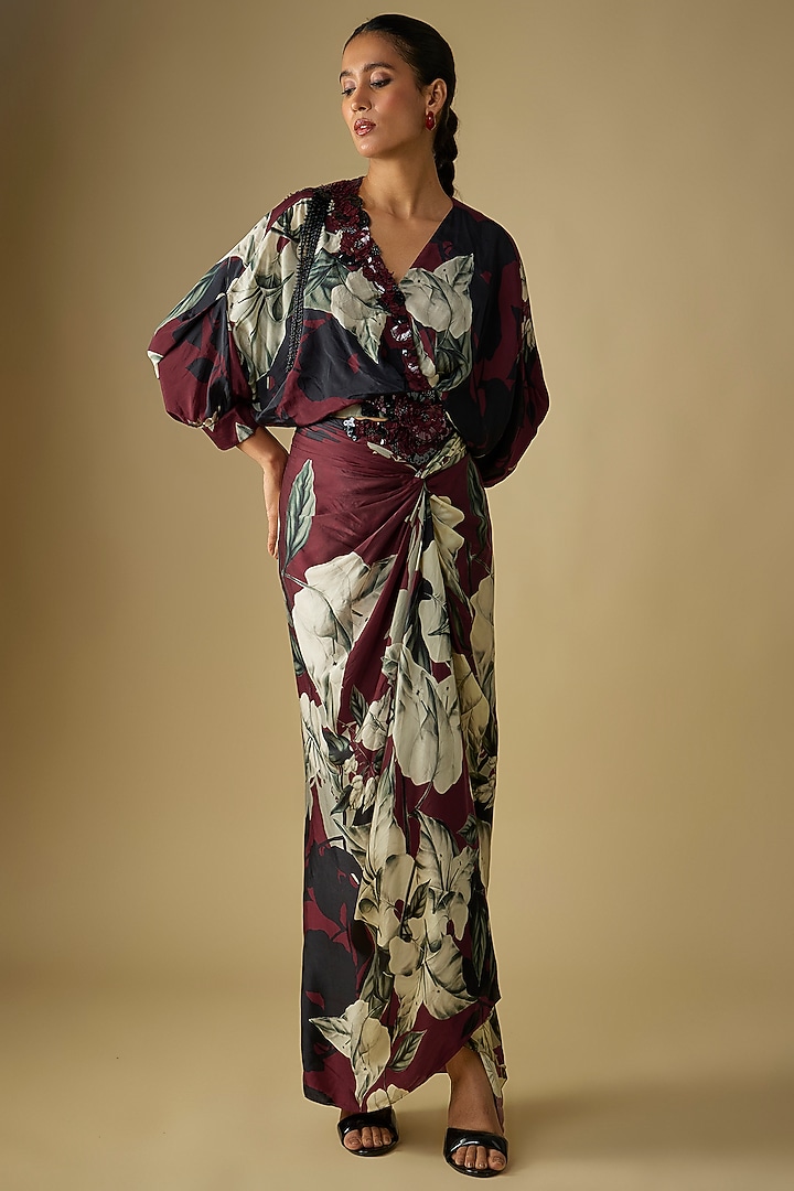 Wine Satin Digital Printed Skirt Set by Nupur Kanoi at Pernia's Pop Up Shop