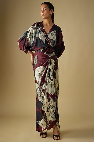 Wine Satin Digital Printed Skirt Set by Nupur Kanoi