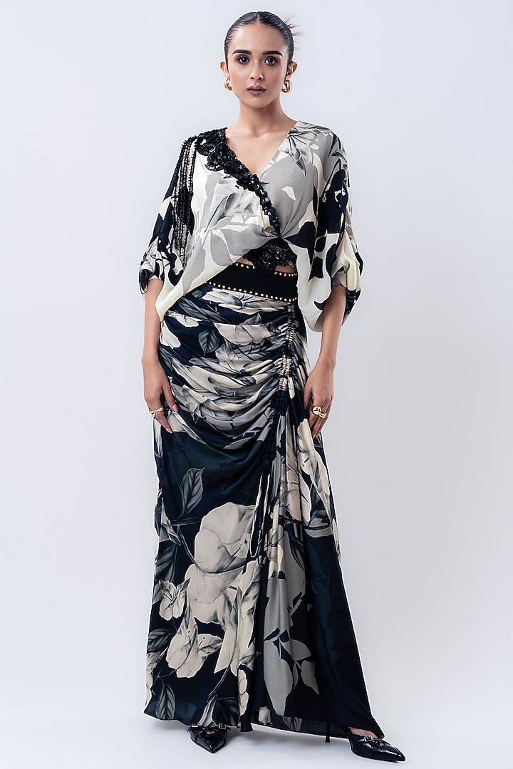 Black Crepe & Satin Printed Skirt Set by Nupur Kanoi at Pernia's Pop Up Shop