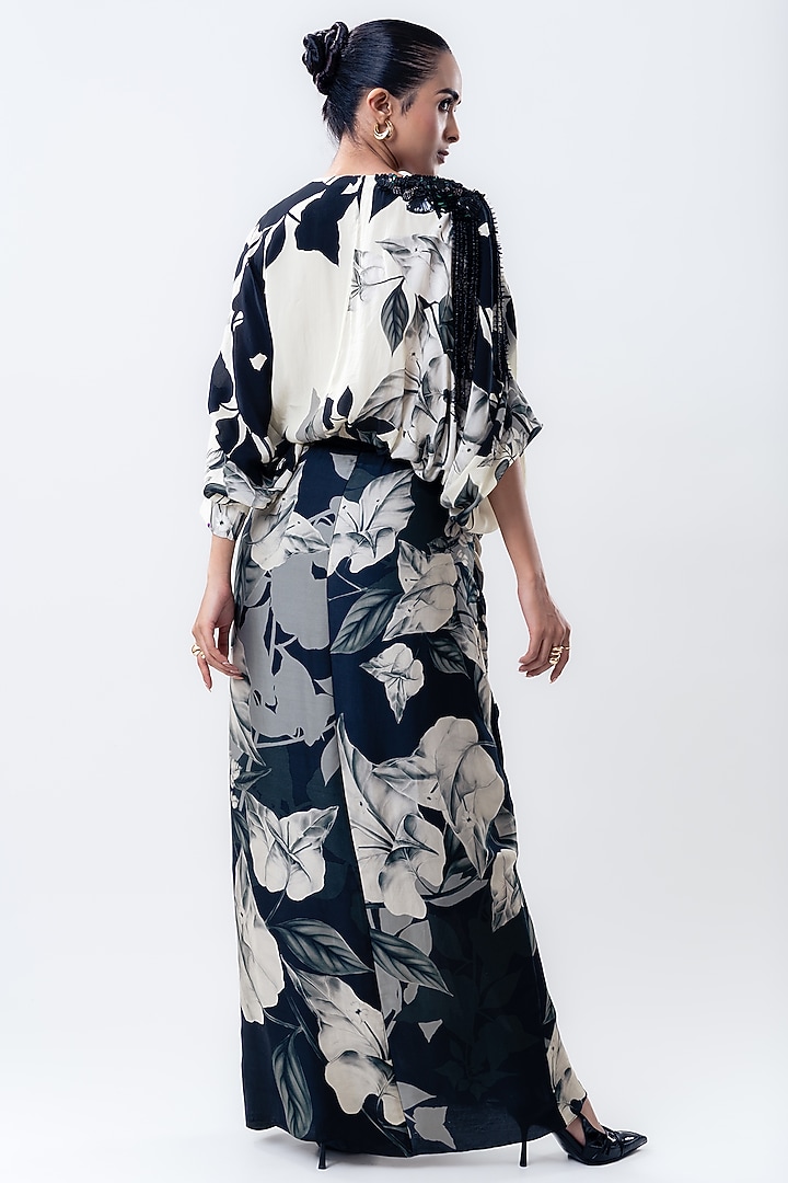 Black Crepe & Satin Printed Skirt Set by Nupur Kanoi at Pernia's Pop Up Shop